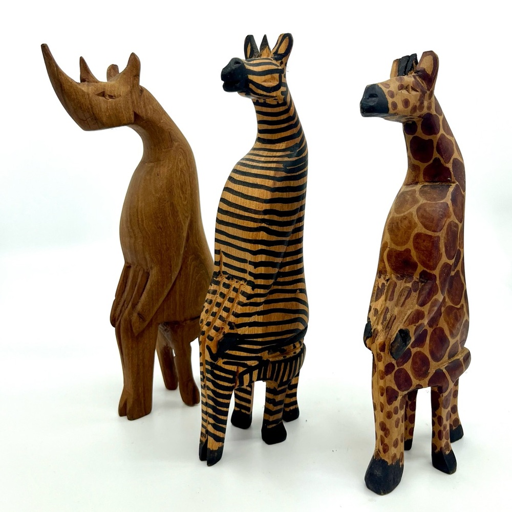 BUNDLE of 3 African Carved Wood Rhino, Zebra, Giraffe, 8” tall each